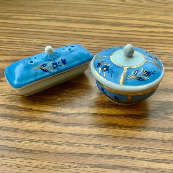 💥 2 Ceramic 4k Gold Blue Hand Painted Trinket Potpourri Jewelry Incense Box 💥 - Picture 2 of 6